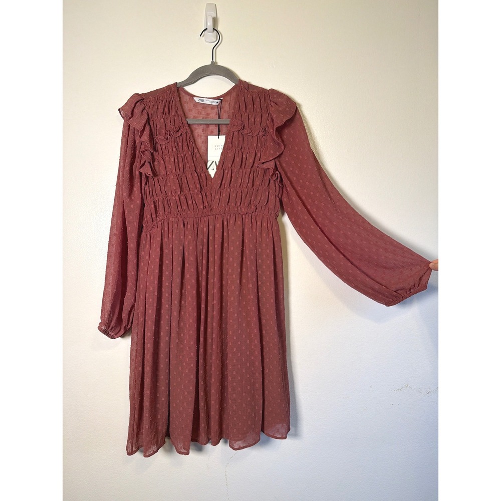 NEW Zara Swiss Dot Ruffle Smocked Midi Dress Rose Pink Fall Harvest 7200/234/172